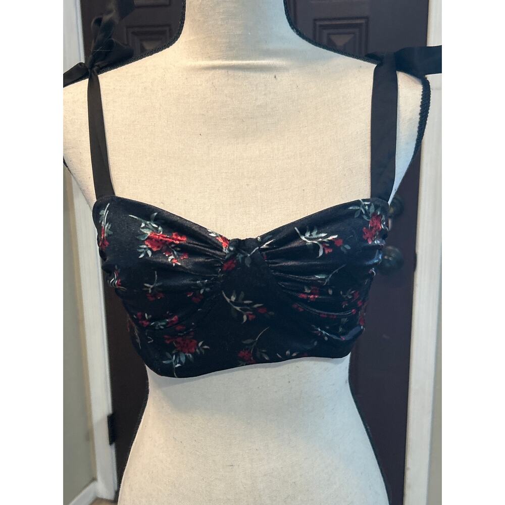 Garage Velvet and Floral Corset with Ribbon Straps